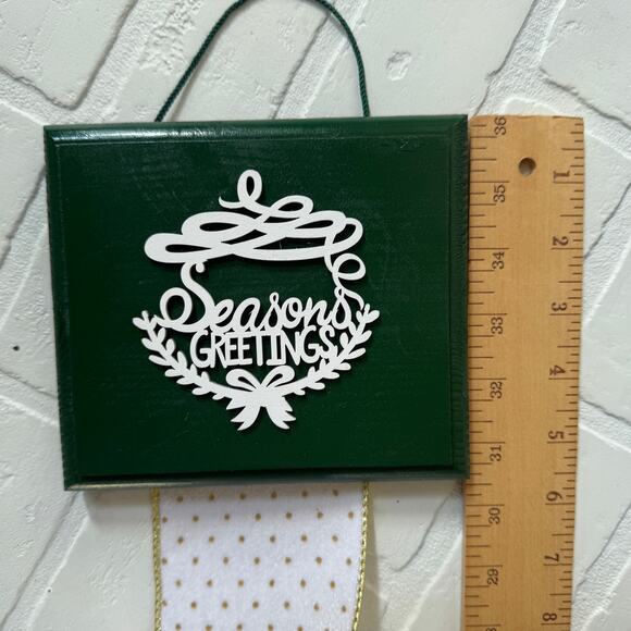 Seasons Greetings Holiday Card Holder Green Wooden Topper Gold Sparkle Ribbon - Picture 3 of 6